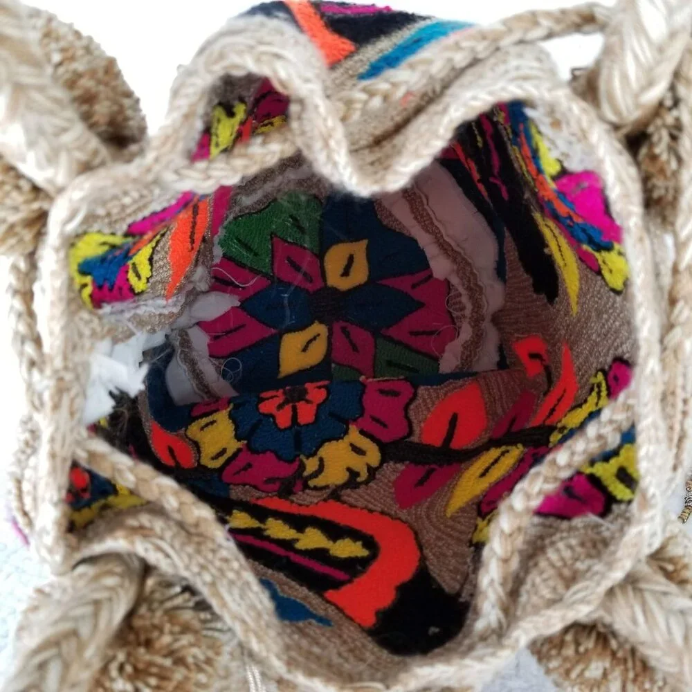 Handwoven Boho Bird & Floral Design Tote Bag With Tassels‎ & Pom-Poms《321》P